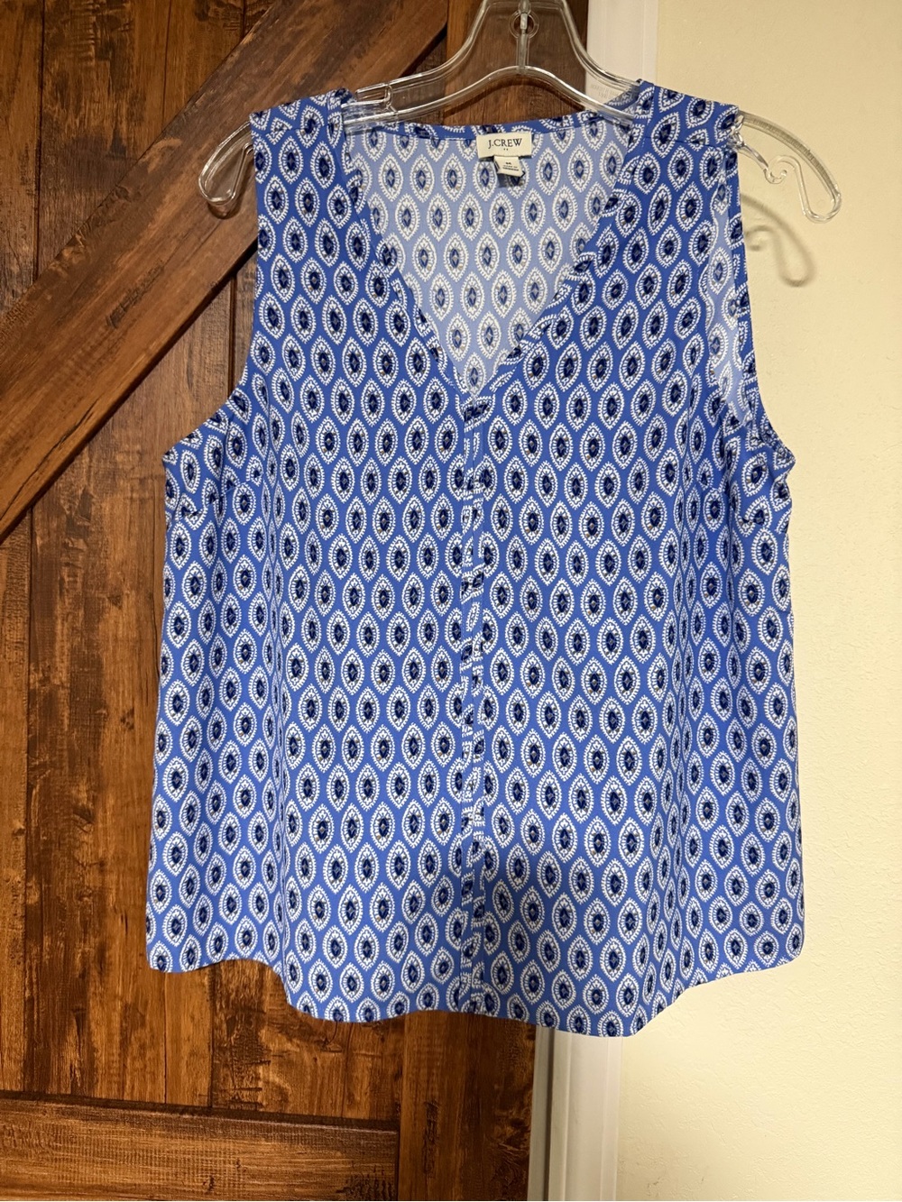 J. Crew Blue and White Geometric Sleeveless V Neck Top Women Size M